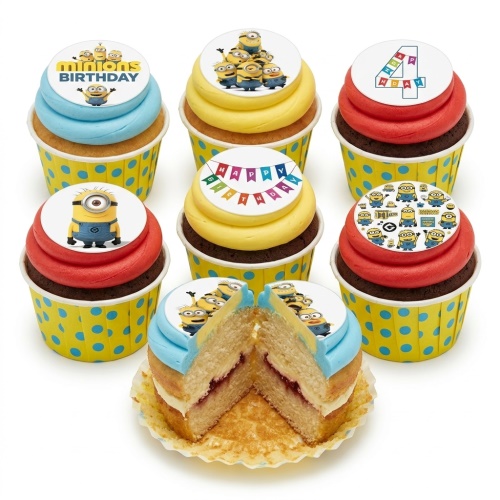 A set of Minions themed birthday cupcakes with yellow, blue, and red frosting, featuring various Minions characters and a custom age topper.