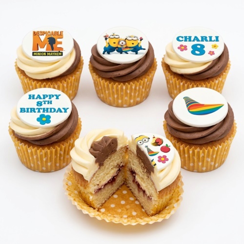 Minions themed birthday cupcakes with edible character toppers and custom age/name messages.