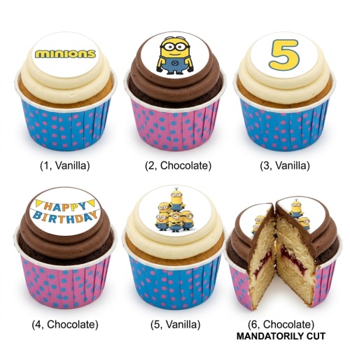 Minions themed cupcakes with vanilla and chocolate frosting, featuring Minion characters, Minions logo, Happy Birthday banner, and a custom age topper.