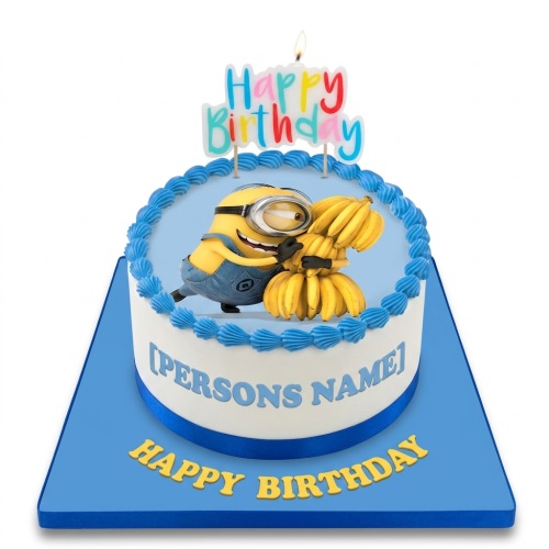Round Minions birthday cake with blue and white icing, featuring a Minion holding bananas and a 'Happy Birthday' candle.