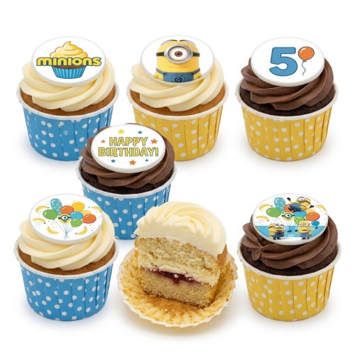 Minions themed birthday cupcakes with yellow and blue cases, featuring Minion character and custom age toppers.