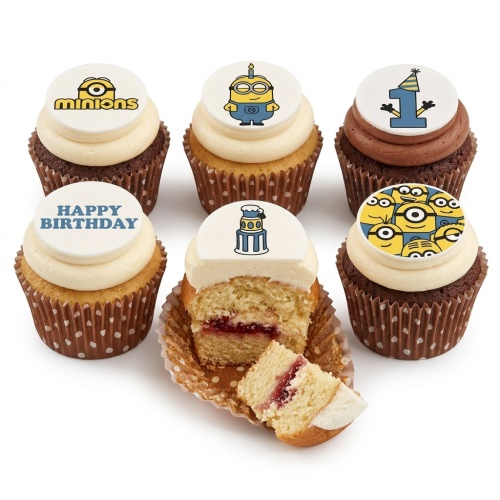 Minions themed birthday cupcakes with yellow and brown frosting, featuring Minions characters and a number one topper.