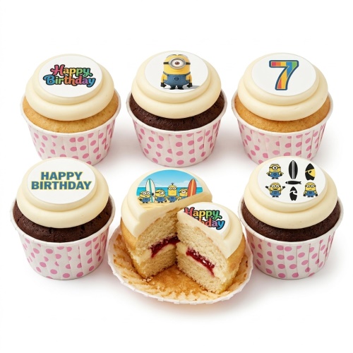Minions themed cupcakes with various Minion characters, surfboards, and a colourful custom age topper.