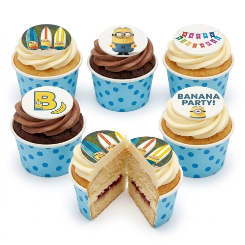 Set of Minions themed birthday cupcakes with vanilla and chocolate frosting, featuring various Minion edible toppers and blue polka dot cases.