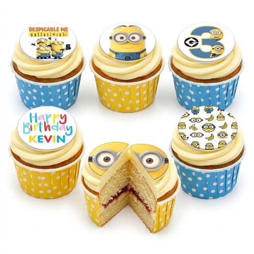 Six Minions-themed cupcakes with yellow and blue polka dot cases, topped with Minion characters, Despicable Me logo, custom age '3', and personalised 'Happy Birthday Kevin' message.
