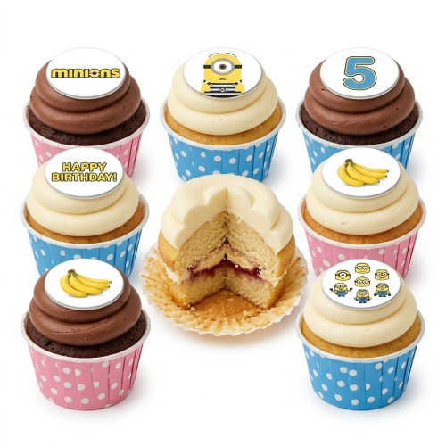 Minions birthday cupcakes with character, logo, banana, and custom age toppers in blue and pink cases.