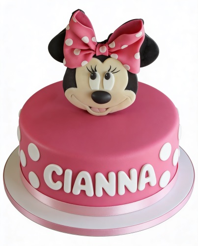 Pink Minnie Mouse birthday cake with white polka dots and a personalised name.