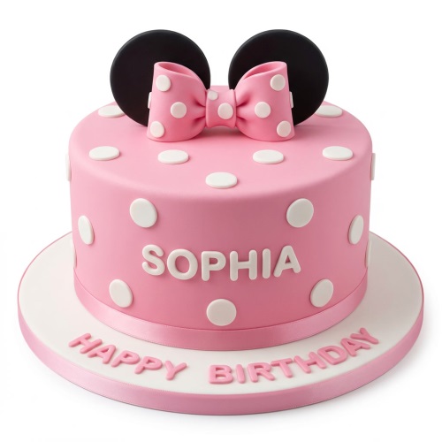 Pink Minnie Mouse themed birthday cake with white polka dots and a custom name.