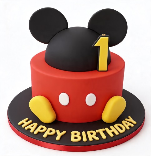 Round Mickey Mouse themed birthday cake with black ears, red body, white buttons, yellow shoes, and custom age topper.