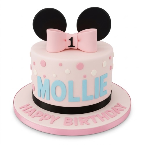 Pink Minnie Mouse 1st birthday cake with black ears, pink bow, polka dots, and custom name.