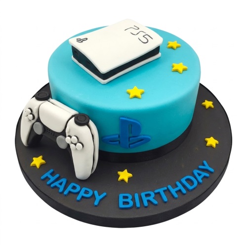 Round blue PS5 gaming birthday cake with white console and controller, yellow stars, and "Happy Birthday" text.