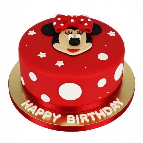 Red Minnie Mouse birthday cake with white polka dots and stars, featuring a Minnie Mouse face topper and a 'Happy Birthday' message.