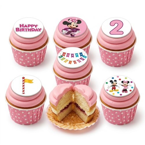 Pink cupcakes with Minnie Mouse, Mickey Mouse, Happy Birthday, and custom age toppers.