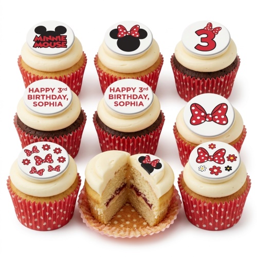 A selection of Minnie Mouse themed cupcakes with white frosting and red polka dot cases, featuring various edible Minnie Mouse toppers and custom age/message examples.