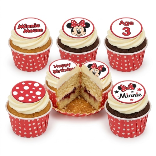 Set of Minnie Mouse themed cupcakes with red and white polka dot wrappers, some with Minnie's face, bow, and 'Happy Birthday' or 'Age 3' toppers.