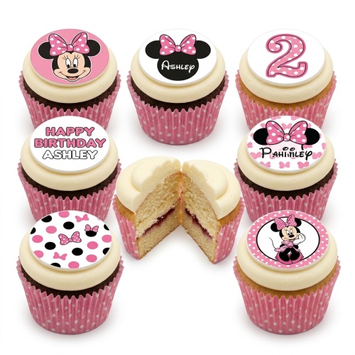 Minnie Mouse themed cupcakes with pink and black toppers, featuring custom age and name examples.