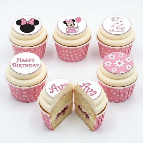 Minnie Mouse themed birthday cupcakes with custom age, name, and "Happy Birthday" designs.