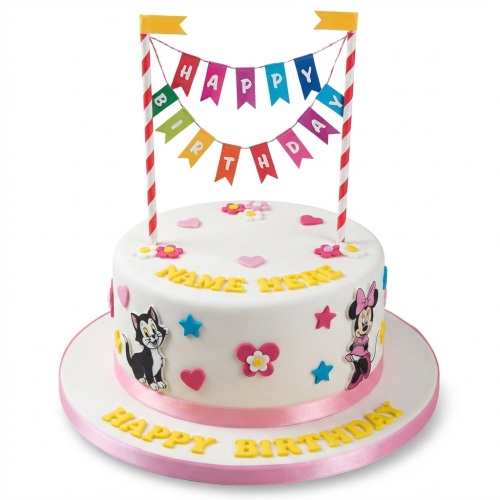Round white Minnie Mouse and cat birthday cake with colourful bunting and personalised name.