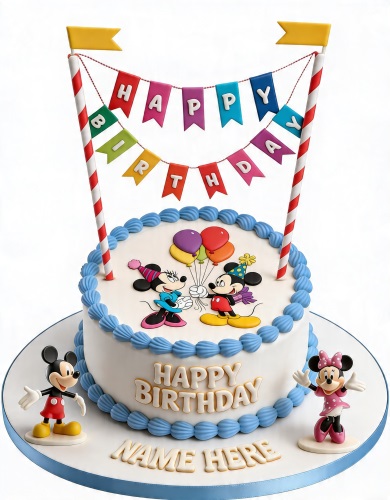 Round white Mickey Mouse birthday cake with blue border, Mickey and Minnie figures, balloons, and 'Happy Birthday' banner.