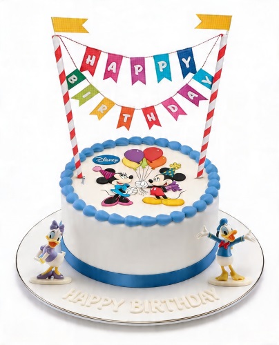 Round white Disney Mickey Mouse and Friends birthday cake with blue trim, Mickey and Minnie edible image, Donald and Daisy figurines, and 'Happy Birthday' banner.