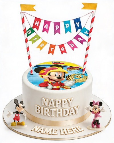 White round birthday cake with Mickey Mouse Roadster Racers edible topper, Happy Birthday banner, Mickey and Minnie figurines, and personalised name text.