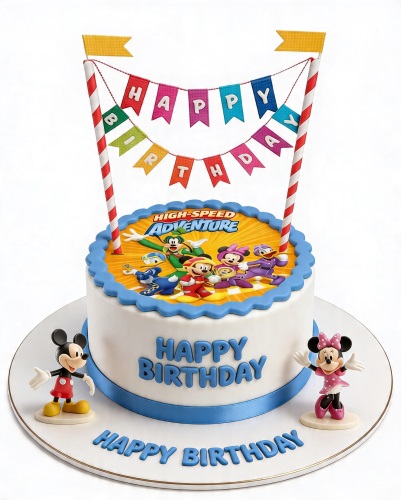 Round white birthday cake with Mickey Mouse and friends edible image, "Happy Birthday" message, and Mickey and Minnie figurines.