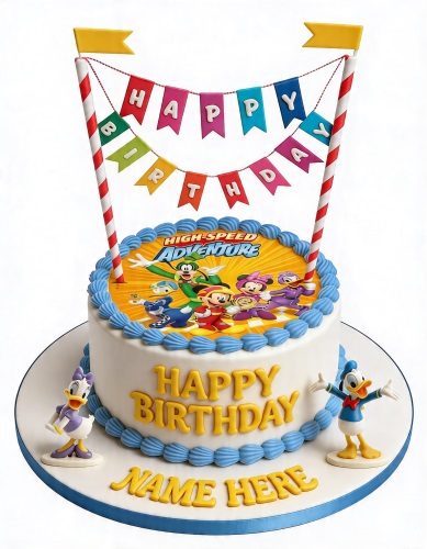 Round white birthday cake with Mickey Mouse and friends edible image, blue piping, Happy Birthday banner, Donald and Daisy Duck figurines.
