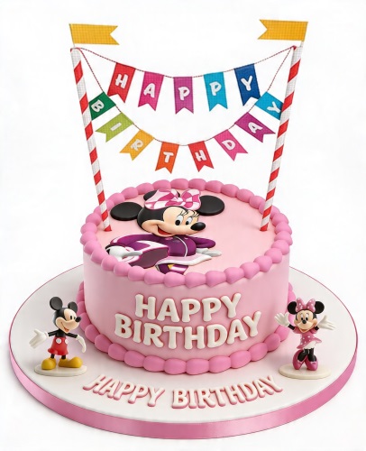 Pink round Minnie Mouse birthday cake with Mickey and Minnie figures and Happy Birthday banner.