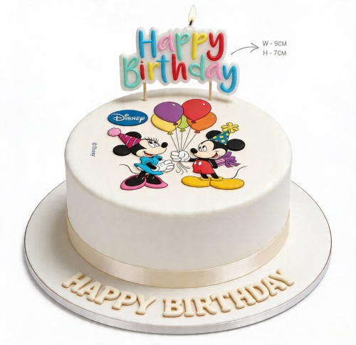 Round white birthday cake with Mickey and Minnie Mouse holding balloons, "Happy Birthday" candle, and "HAPPY BIRTHDAY" on the board.