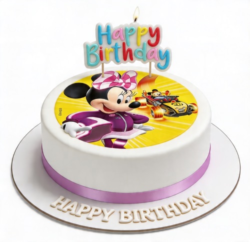 Round white Minnie Mouse racing birthday cake with purple ribbon and "Happy Birthday" candle.