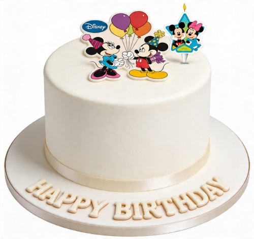 White round birthday cake with Mickey Mouse and Minnie Mouse toppers and a 'Happy Birthday' message.
