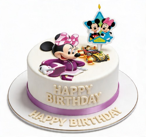 Round white birthday cake with 3D Minnie Mouse in purple racing suit, a racing car decoration, and a Mickey and Minnie candle topper.