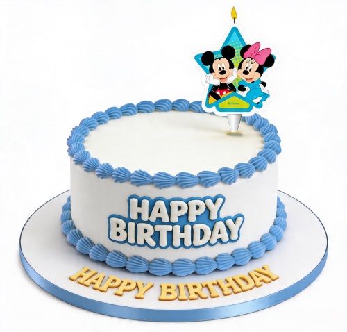 White round birthday cake with blue piping and 'Happy Birthday' text, topped with a Mickey and Minnie Mouse candle.