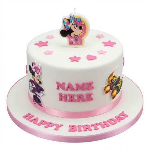 Round white Minnie Mouse themed birthday cake with pink stars, hearts, and customisable name and message.