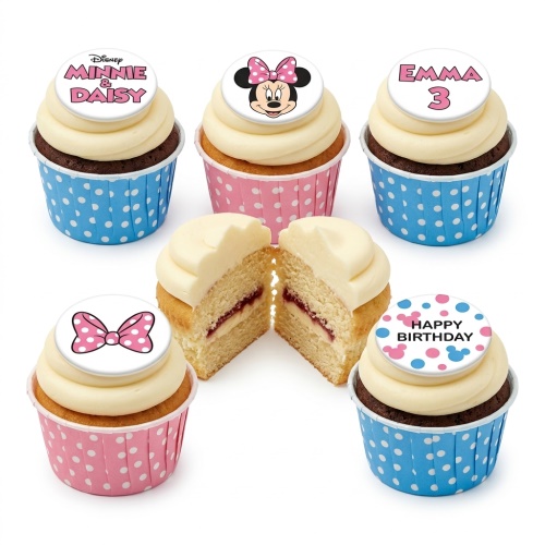Minnie Mouse birthday cupcakes with pink and blue polka dot cases, custom age and name toppers.