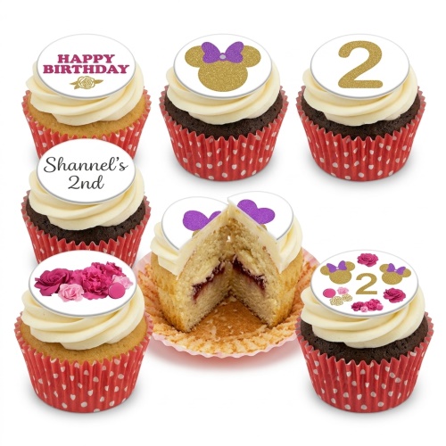 Minnie Mouse themed birthday cupcakes with gold glitter ears, purple bows, pink roses, and custom age toppers.