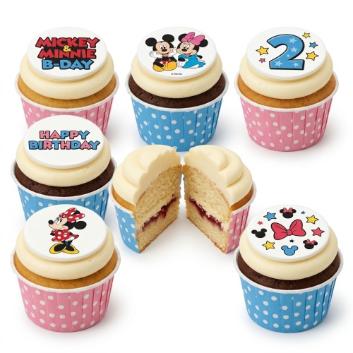 Mickey and Minnie Mouse themed birthday cupcakes with custom age and messages.