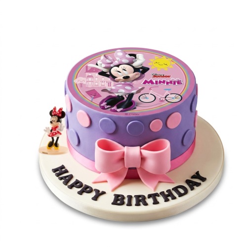 Round purple Minnie Mouse birthday cake with pink polka dots, a large pink bow, and a Minnie Mouse figurine on the side.