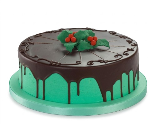 Round Christmas cake with mint green icing, chocolate drip, and holly berry decoration.