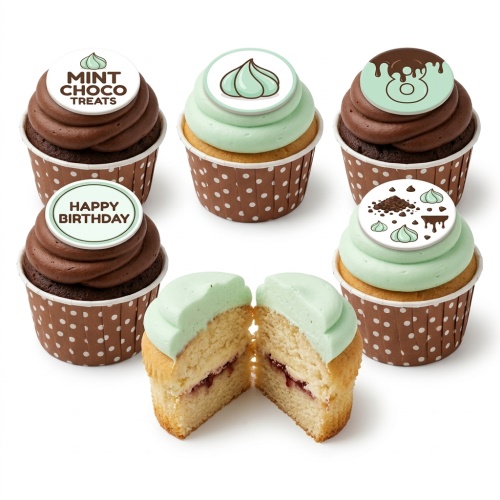 Mint chocolate birthday cupcakes with edible toppers and polka dot wrappers.