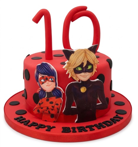 Round red Miraculous Ladybug and Cat Noir birthday cake with black polka dots and custom age topper.