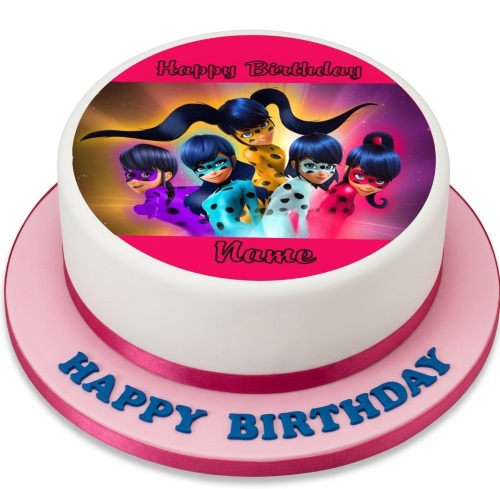 Round white birthday cake with a pink board, featuring an edible Miraculous Ladybug character topper and personalised name.
