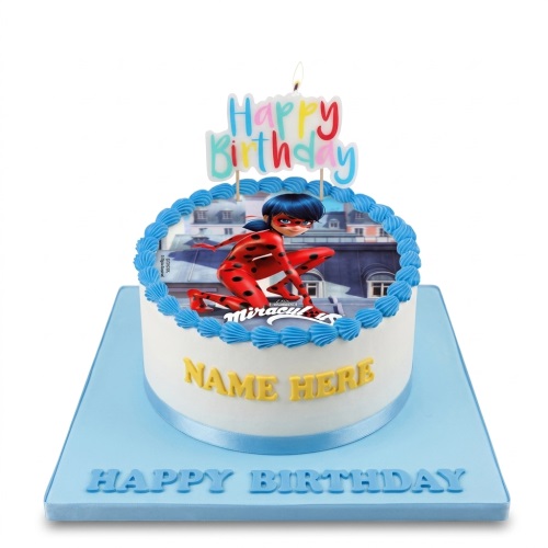 Round white Miraculous Ladybug birthday cake with blue icing border and personalised name.