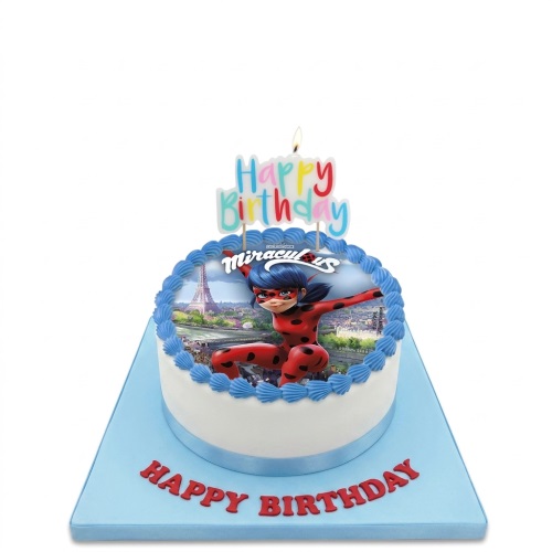 Round white Miraculous Ladybug birthday cake with blue icing and "Happy Birthday" candle.