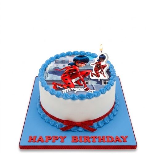 Round Miraculous Ladybug birthday cake with edible image, blue icing, red ribbon, and character candle.