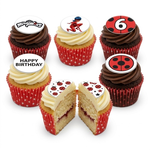 Miraculous Ladybug themed birthday cupcakes with character toppers, custom age, and "Happy Birthday" message.