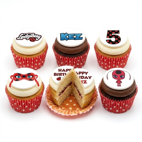 Miraculous Ladybug themed cupcakes with red and black decorations, custom name, and age topper.