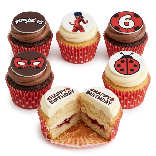 Miraculous Ladybug cupcakes with character, mask, logo, and custom age toppers.
