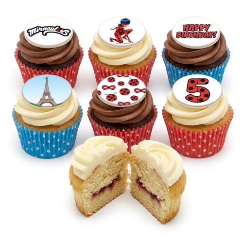 Miraculous Ladybug themed cupcakes with character, logo, Eiffel Tower, and custom age topper.