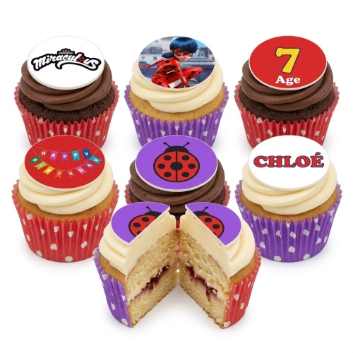 Miraculous Ladybug themed cupcakes with character, logo, ladybug designs, custom age, and personalised message toppers.